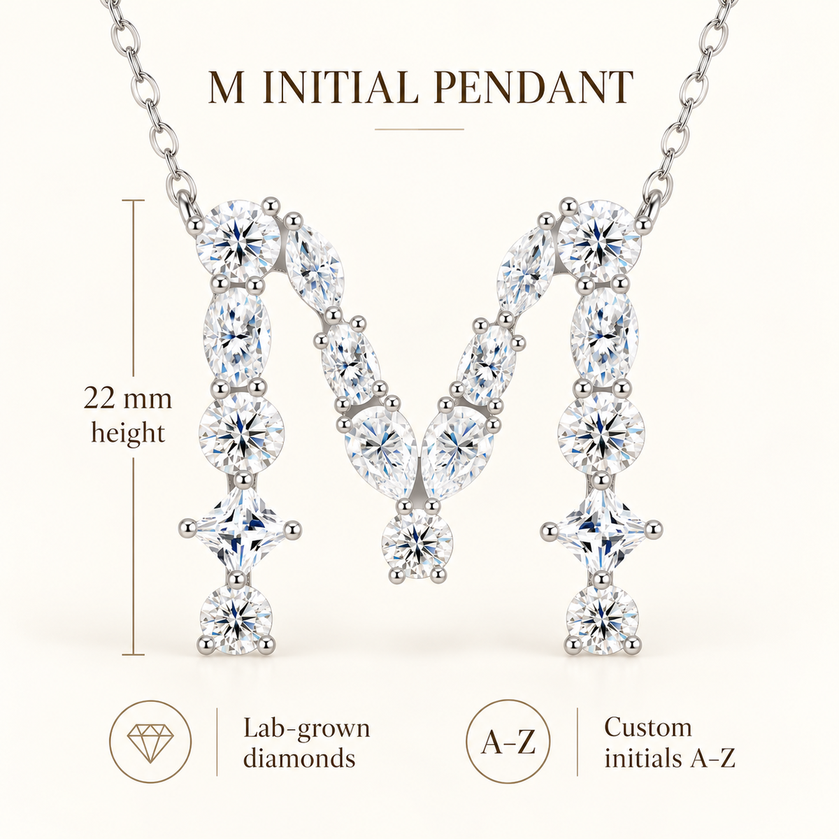Customized Labgrown Diamond Initial Letter M Pendant Necklace IGI Certified for Men Women | Customizable for A to Z Alphabets